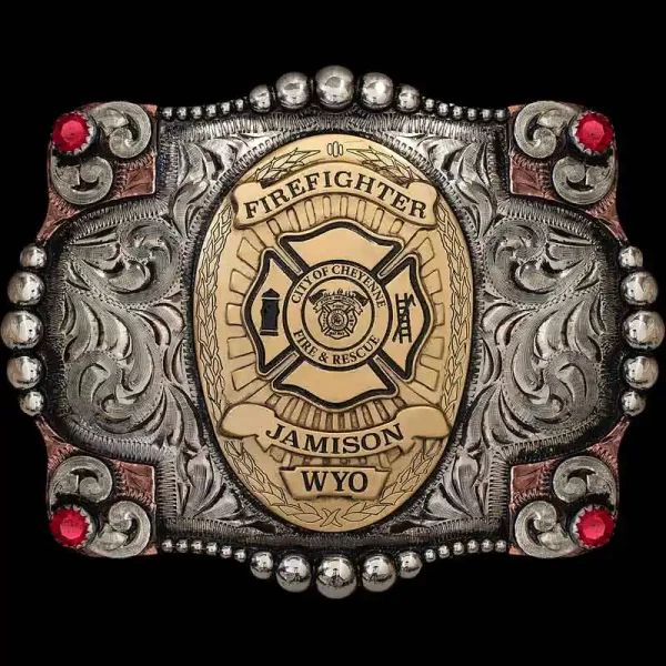 "Our Buffalo Gap Buckle is perfect for your Fire Department. Customize this buckle for awards and accomplishments of any kind. This buckle is crafted on a hand-engraved, German Silver base with a light antique finish. It is detailed with German Silve